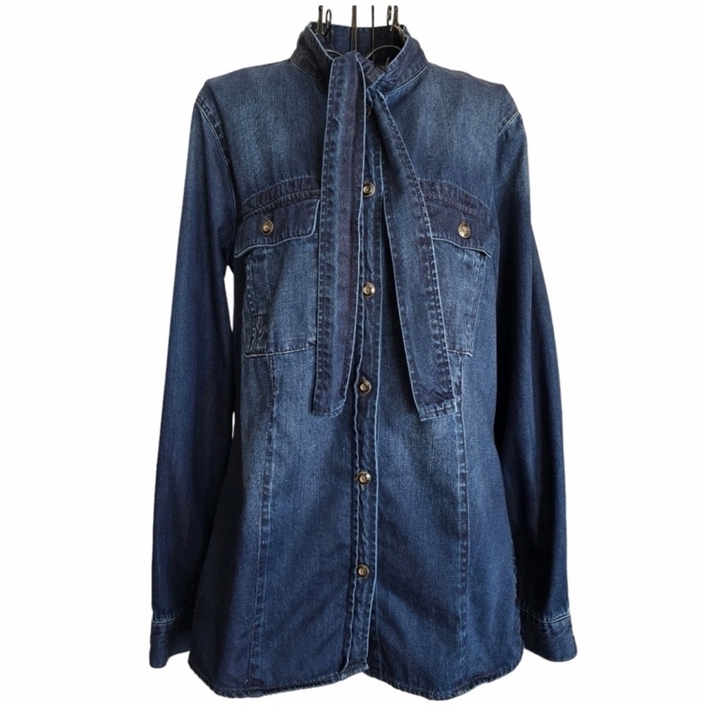 CAbi Waterfront Denim Button-Up Shirt with Tie Collar Size M